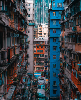 A dense residential street canyon
