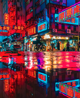Rainy neon reflections in the street
